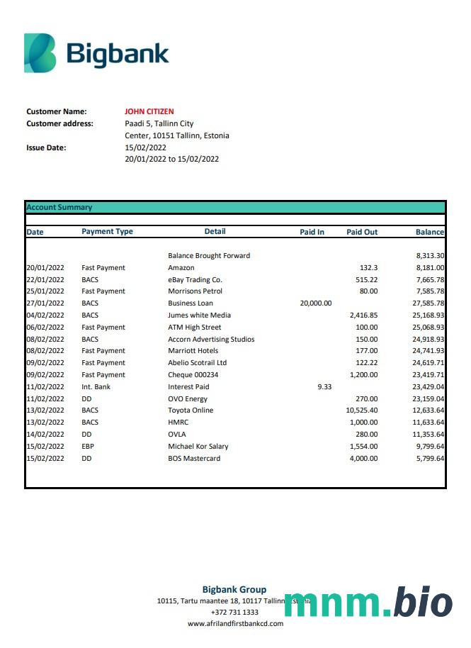 Estonia Bigbank wzór wyciągu bankowego, Word and PDF format